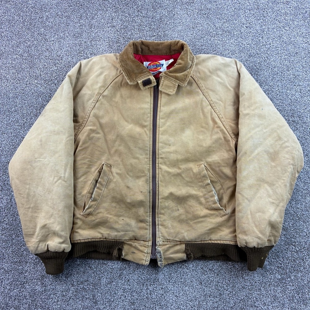Vintage Dickies Canvas Jacket Kids Medium Tan Cotton Workwear Distressed USA